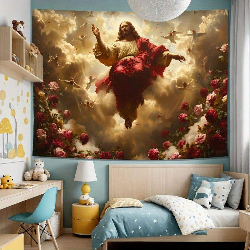 Jesus Christ Rose Tapestry Spiritual Aesthetic Decor